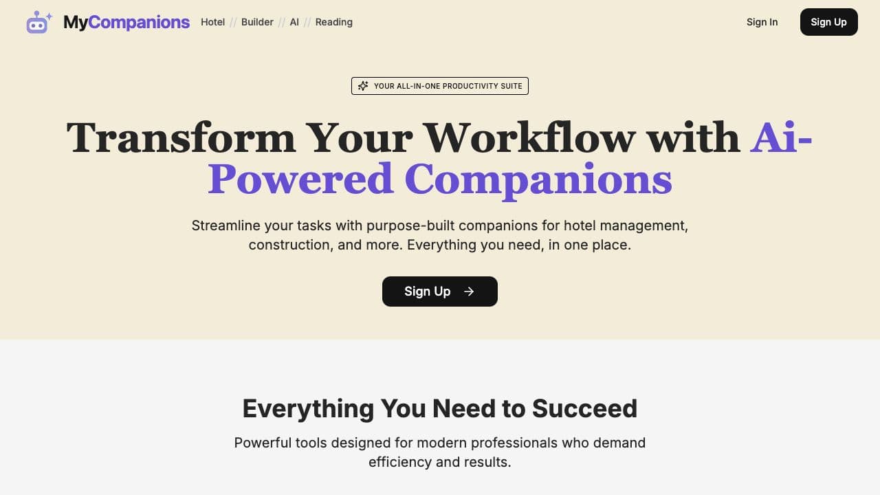 Current My Companions platform homepage
